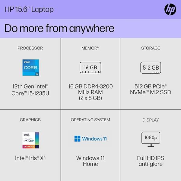 HP 15.6 inch Laptop, FHD Display, 12th Gen Intel Core i5, 16 GB RAM, 512 GB SSD, Intel Iris Xe Graphics, Windows 11 Home, 15-dy5399nr (2023)
