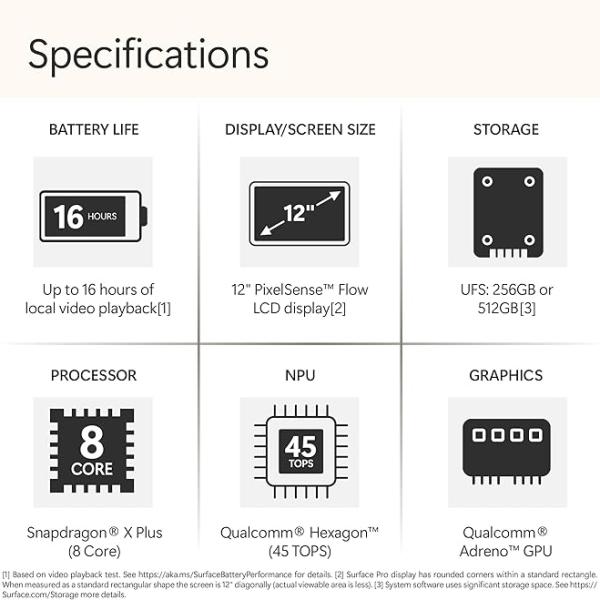 Microsoft Surface Pro 2-in-1 Laptop/Tablet (2025), Windows 11 Copilot+ PC, 12" Touchscreen Display, Snapdragon X Plus (8 Core), 16GB RAM, 256GB Storage, Platinum