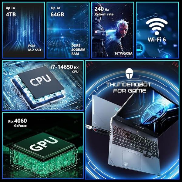 Thunderobot Radiant 16 4060 2.5K Gaming Laptop | 16" QHD+ 240Hz Display | 14th Gen Core i7-14650HX | GeForce RTX 4060 | 32GB DDR5 | 1TB SSD | RGB Backlit KB | Wi-Fi 6 | Win 11 Home | Gray