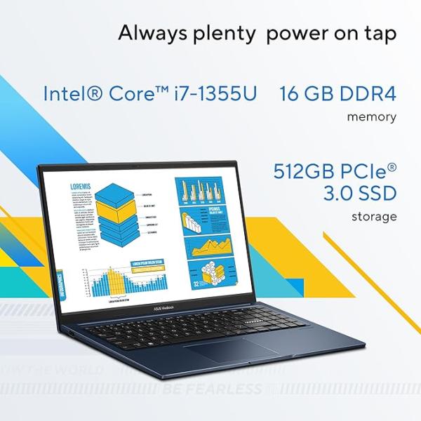 Asus Vivobook 15 Slim Laptop | Intel Core i7-1355U, Intel Iris X Graphics, 16GB RAM, 512GB SSD, 15.6"FHD Display, Win11 - Cool Silver [X1504VA-BQ715W]