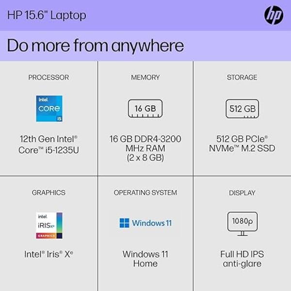 HP 15.6 inch Laptop, FHD Display, 12th Gen Intel Core i5, 16 GB RAM, 512 GB SSD, Intel Iris Xe Graphics, Windows 11 Home, 15-dy5399nr - 2023