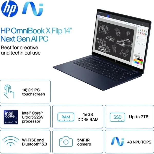 HP OmniBook X Flip 14-FM0013DX 2-in-1 Laptop, Laptop Touchscreen 14" WUXGA IPS, Intel 8-core Ultra 5 226V, Intel Arc 130V GPU, Thunderbolt 4, Windows 11 Home (16GB RAM + 1TB SSD)